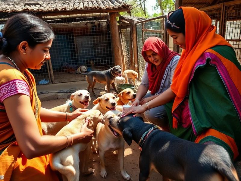 Volunteers feeding stray dogs
